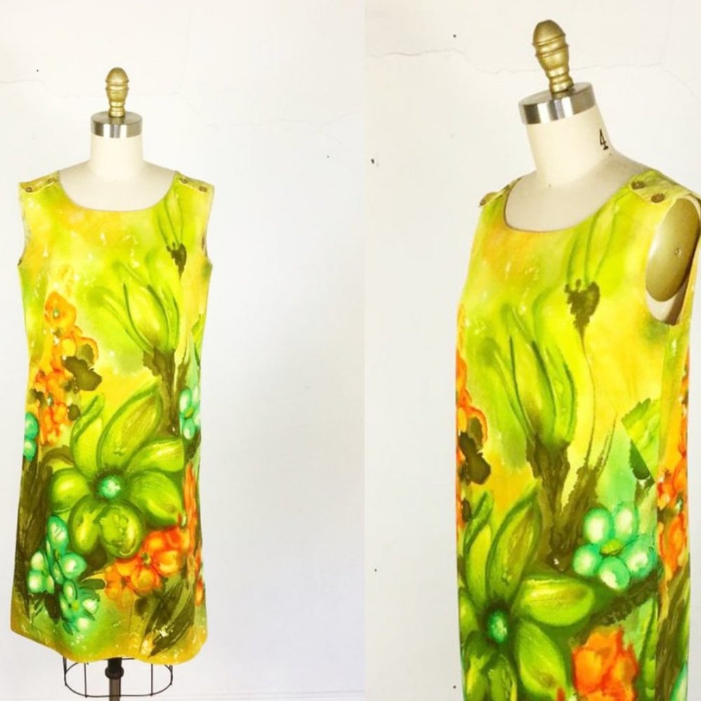 1960s Floral Dress - 60s Shift Dress - Mod Dress - Size Medium - Large